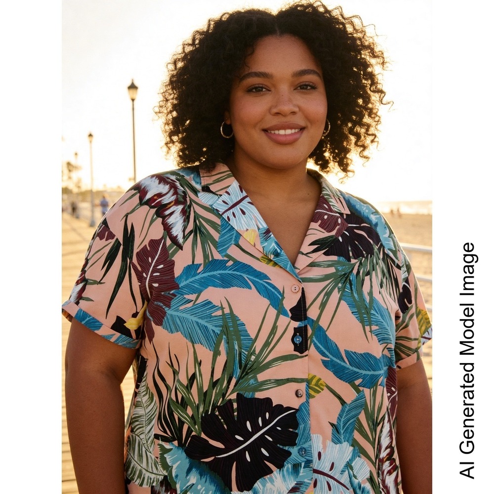 Allegra K Women Tropical Palm Leaf Print Button Up Shirt Peach XXXL